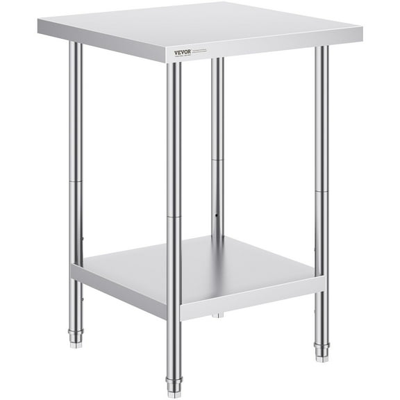 Heavy Duty Stainless Steel Prep Table Workstation, 24x24x34 Inches, 3 Adjustable Height Levels, Commercial Kitchen Garage Restaurant Backyard Utility Table