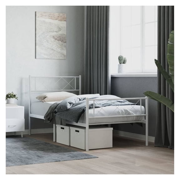 Metal Bed Frame White Full Size with Footboard, 39.4x78.7in Steel Platform Bed