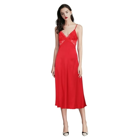 

Women s Lace Nightdress V-Neck Sleeveless Sleepshirt Elegant Comfortable Stretchy Lounge Dress Red M