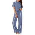 thumbnail image 6 of QATAINLAV Two Piece Sets for Women Summer Workout Outfits Mock Neck Short Sleeve Tees Tops and Side Slits Wide Leg Pants Matching Sweatsuit Blue S, 6 of 8