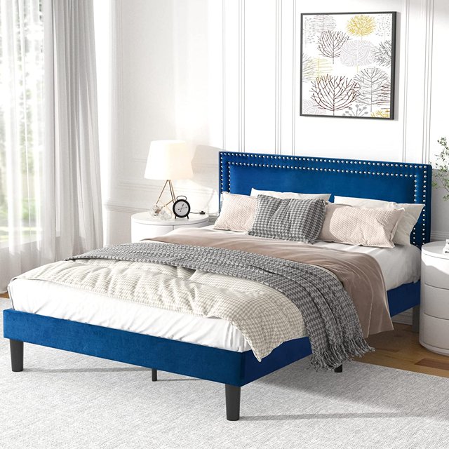 VECELO Full Upholstered Platform Bed Frame with Adjustable Height Headboard, Strong Wood Slat Support, No Box Spring Needed, Dark Blue