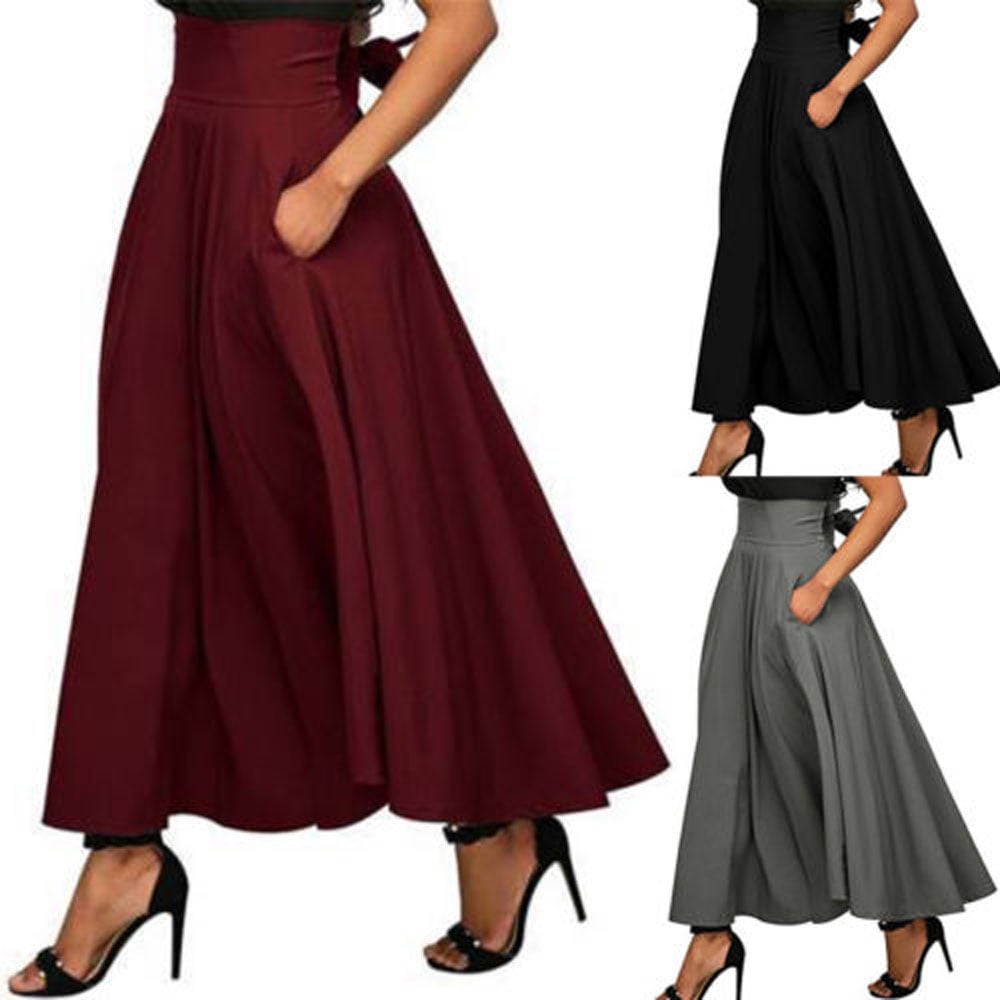 Caitzr Women' s Solid High Waist Skirt A Line Pleated Belted Ankle