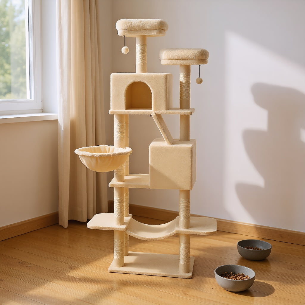Pefilos 70.8" Tall Cat Tree for Adult Indoor Cats, 8-Levels Large Cat Tower with 8 Sisal Posts, 2 Hammocks, 2 Condos, Big Perch & 3 Pom Poms, Beige