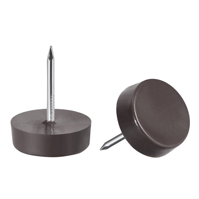 protector de pata de mesa y silla con clavo deslizante de 14mm de diámetro marrón 60pcs Primer plano de dos clavos deslizantes para patas de muebles con cabeza circular plana marrón y vástago metálico; cabeza 14mm, largo total 18mm, juego de 60, diseñados para clavarse en patas de madera para facilitar el deslizamiento y proteger superficies duras; también suelen usarse para renovar patas antiguas y reducir ruido al mover muebles.
