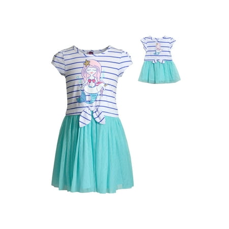 Dollie & Me Dollie and Me Striped, Mermaid Graphic Tutu Dress With Matching Doll 2-Piece Set (Little Girls & Big Girls)