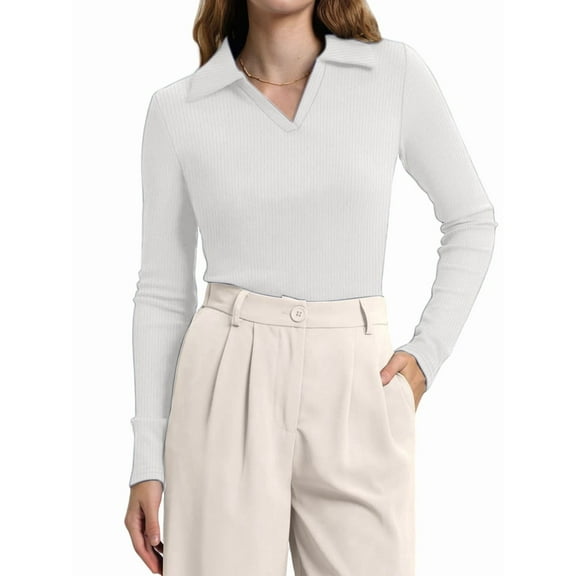 Womens Shirts Long Sleeve Business Casual Tops Collared V Neck Ribbed Knit Sweater Slim Fit Blouses White M