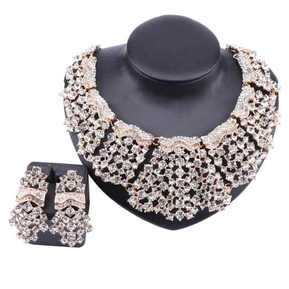 Fashion Women Bridal Costume Choker Statement Crystal Necklaces Earring Collar Boho Party Jewelry Sets