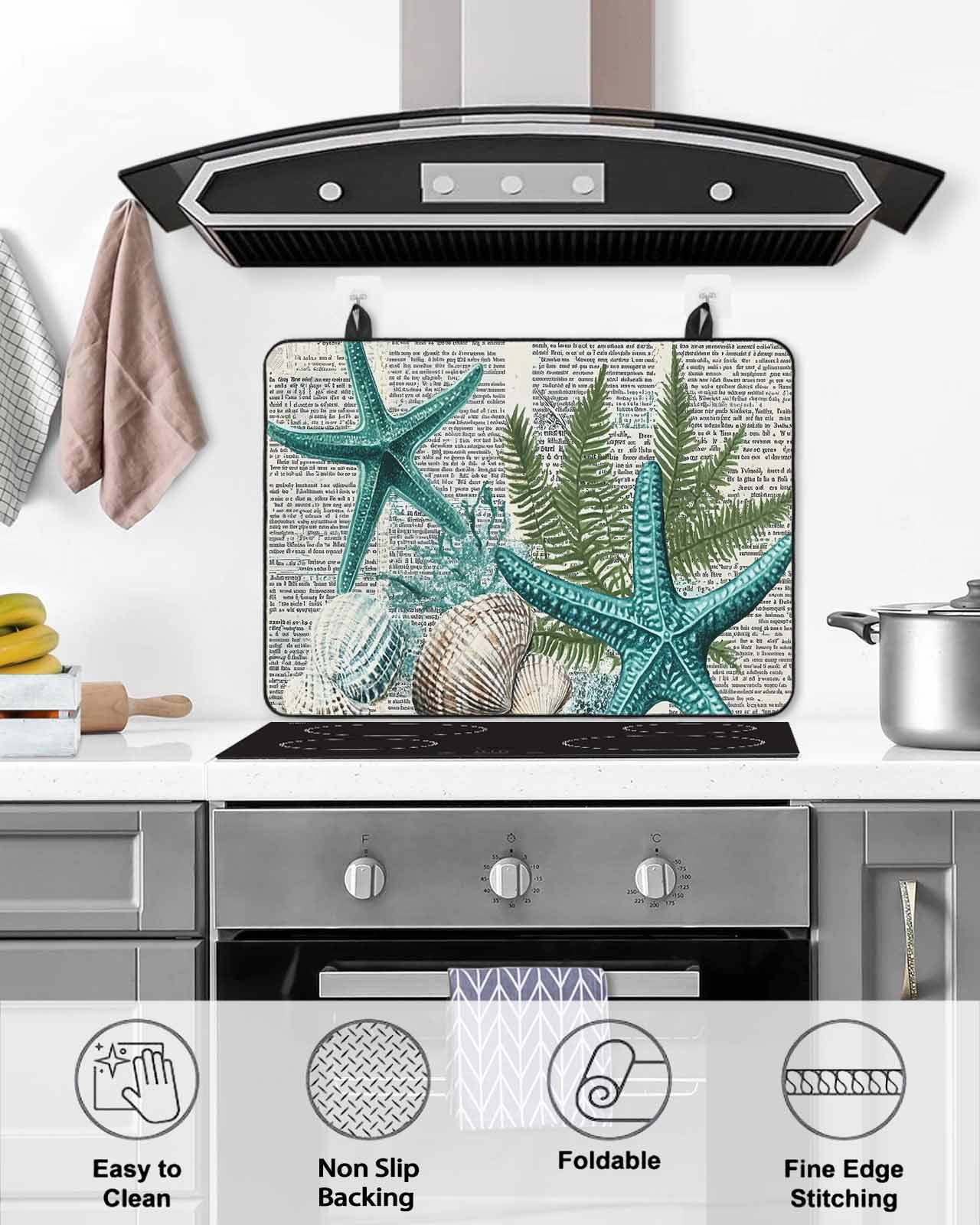 nqOlkjepod Large Induction Cooktop Protector Mat 31"x24", Coastal Teal Starfish Stove Top Covers for Electric Stove, Summer Ocean Beach Shell Pine Leaf Stove Burner Cover Mats, Glass Top Stove Cover