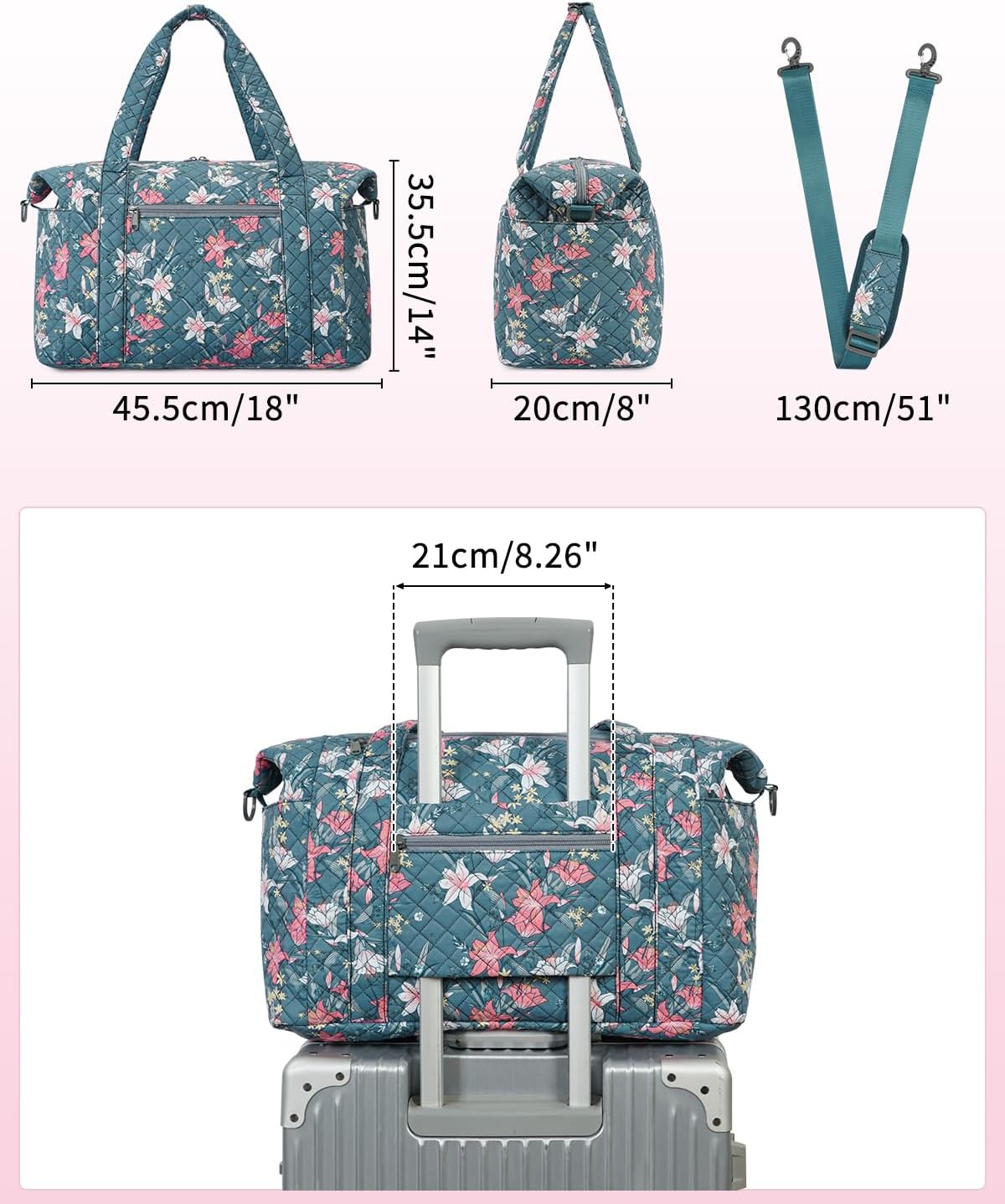 WANDF Travel Duffel Bags with Shoe Bag,Airline Approved Personal Item Bag for Women with Wet Pocket,Trolley Sleeve,Quilted Overnight Weekender Bag for Camping Gym Beach(Blue,Flower)