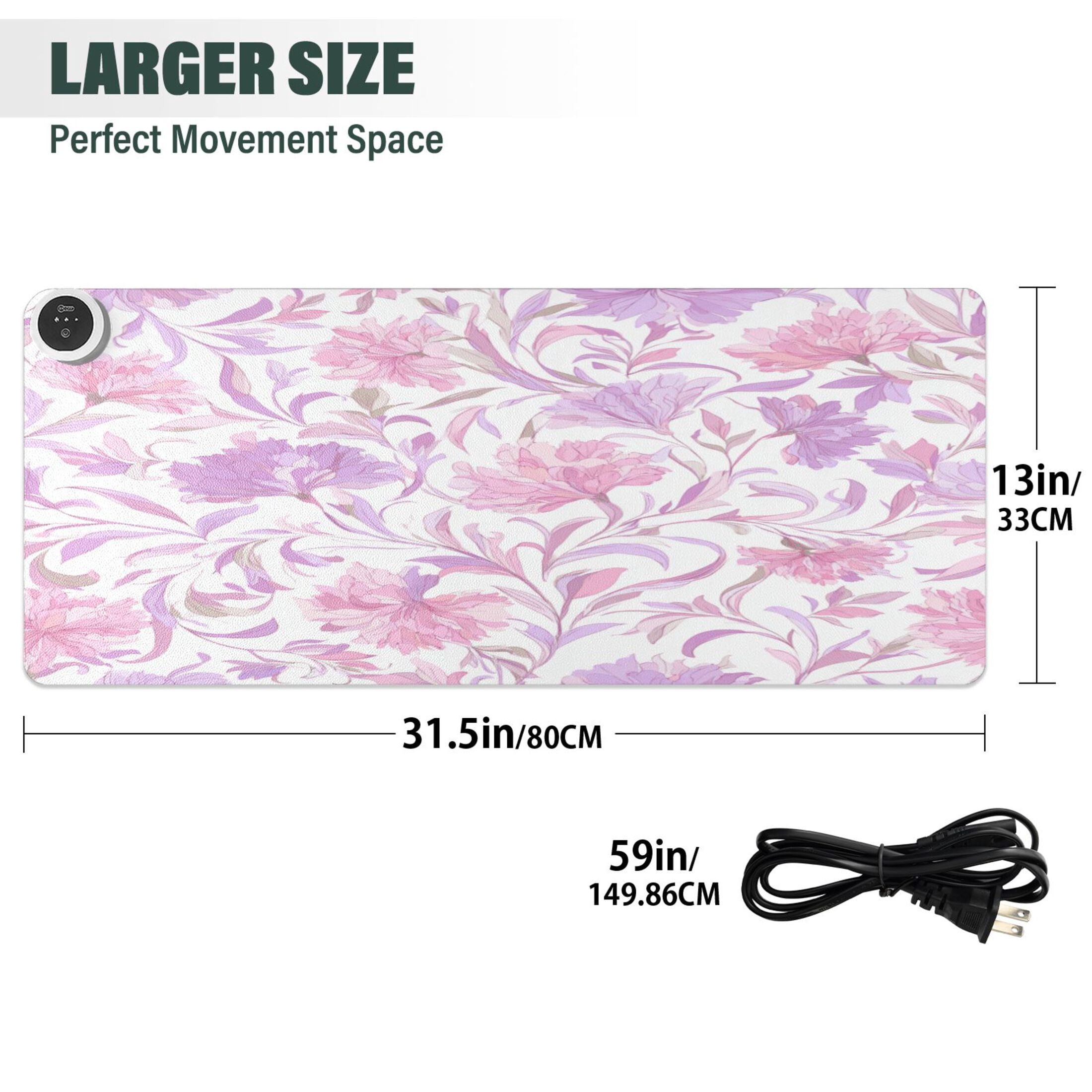 Large Heated Desk Mat Mouse Pad 31.5"x13"PU Leather Graphene Heating Desk Warmer with 3 Temperature Settings 110V US Plug Non-Slip Warm Pad for Home, Office, and Gaming Pink Colors Whimsical Flowers