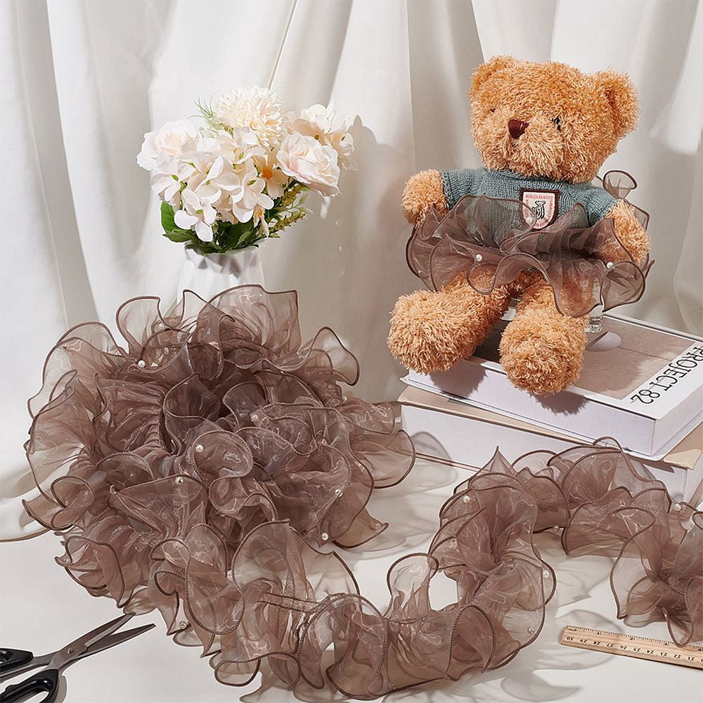 5 Yards Pleated Organza Pleated Lace Ribbon Ruffled Ribbon with Plastic Beads Garment Accessories Gray 4-7/8 inch(125mm)