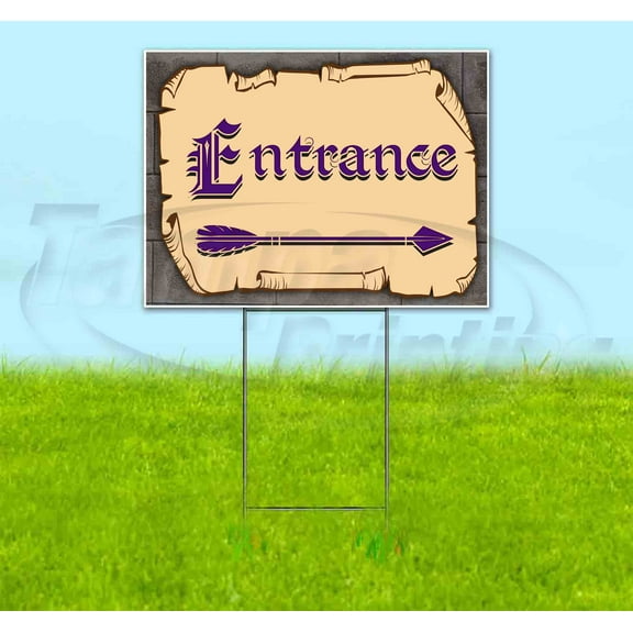 Medieval Fair Entrance Right Arrow Purple Scroll (18" X 24") Yard Sign, Includes Metal Step Stake