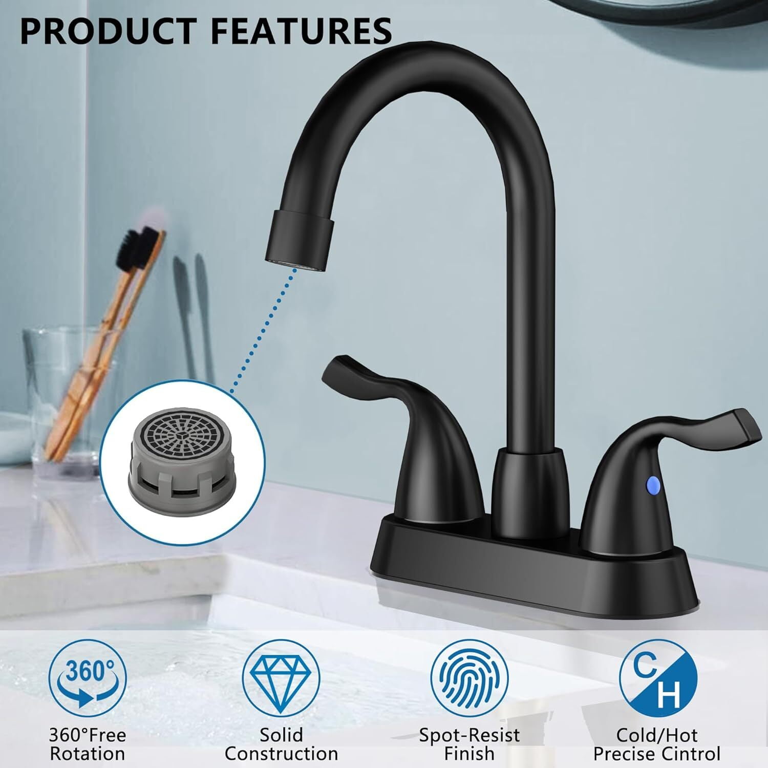 Matte Black Bathroom Sink Faucet, 2 Handle Bathroom Faucet 4 Inch Centerset Bathroom Faucet 3 Hole with Pop-up Drain and Supply Lines, Stainless Steel 360 Swivel Spout, Lead-Free