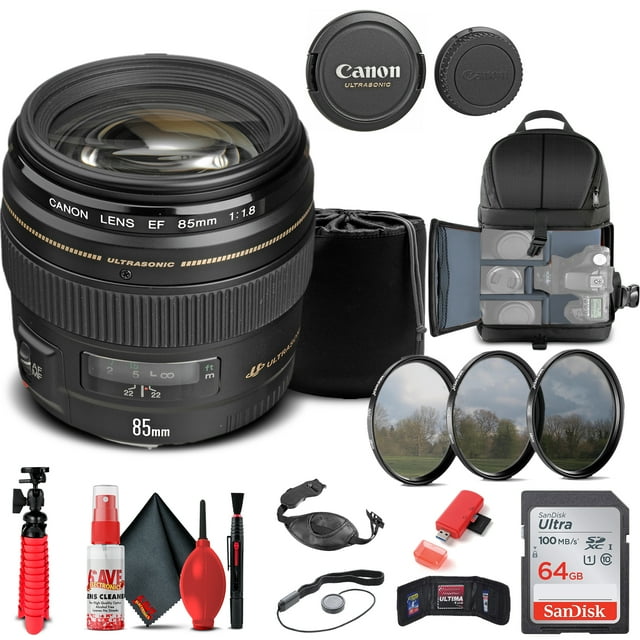 Canon EF 85mm F/1.8 USM Lens (2519A003) + Filter + BackPack + 64GB Card + More