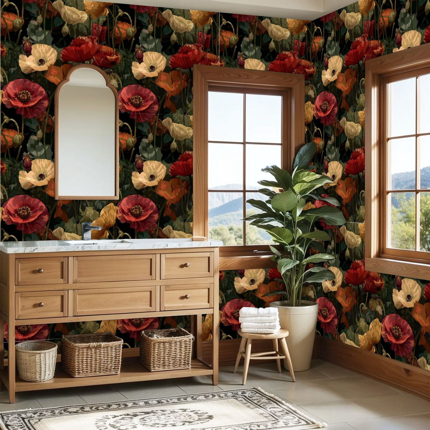 Vintage Peel and Stick Wallpaper Lush Garden Poppies 3D Petal Veins Soft Shadows Wall Mural 23.6in x 9.8ft Self Adhesive Removable Wall Paper Floral Contact Paper for Nursery Bedroom Cabinets