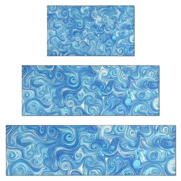 Blue White Tie Dye Swirl Pattern Kitchen Rugs Sets Of 3,Kitchen Runner Rugs Non Skid Washable,Decorative Kitchen Floor Mats for Kitchen,Sink,Laundry,17"x30" 17"x47" 17"x59"