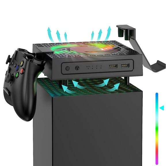 Automatic Cooling Fan for Xbox Series X Console, 2 Charging Stand Holder for Controller, Speed Change with Temperature, Low Noise, Colorful RGB Light, 2 USB Ports for Charging Data Transmission