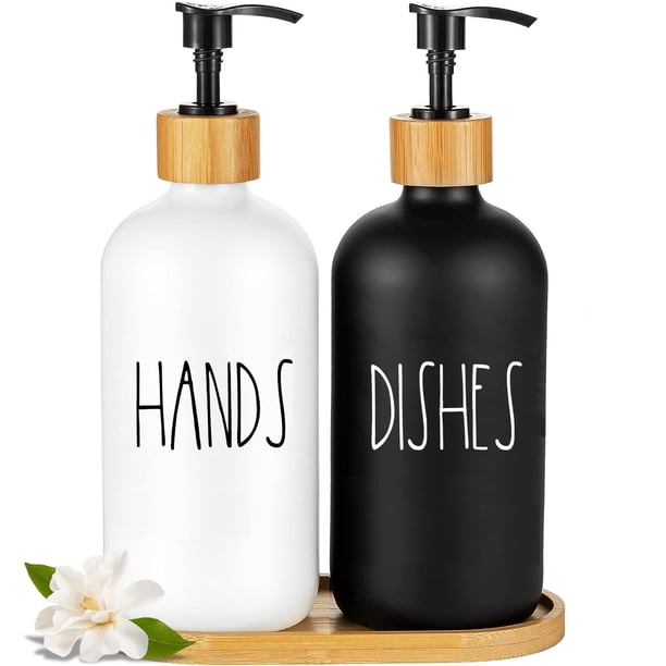 Set dispensador de jabón ARKTEK Glass con bandeja de 500 ml, 2 unidades, blanco y negro