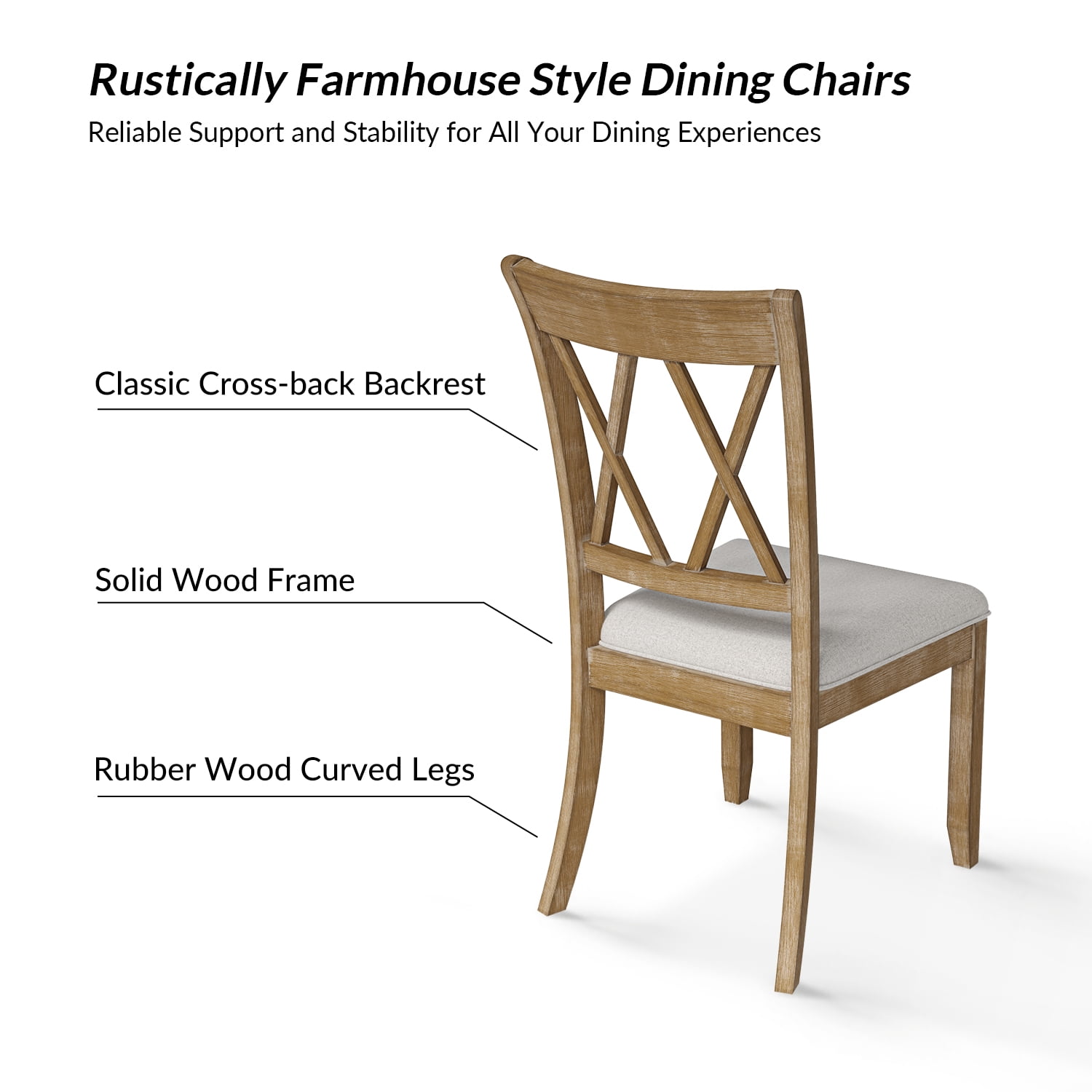 Tina's Home Solid Wood Dining Chairs Set of 2, Farmhouse  Upholstered Armless Side Chairs Crossing High Back Living Room Kitchen