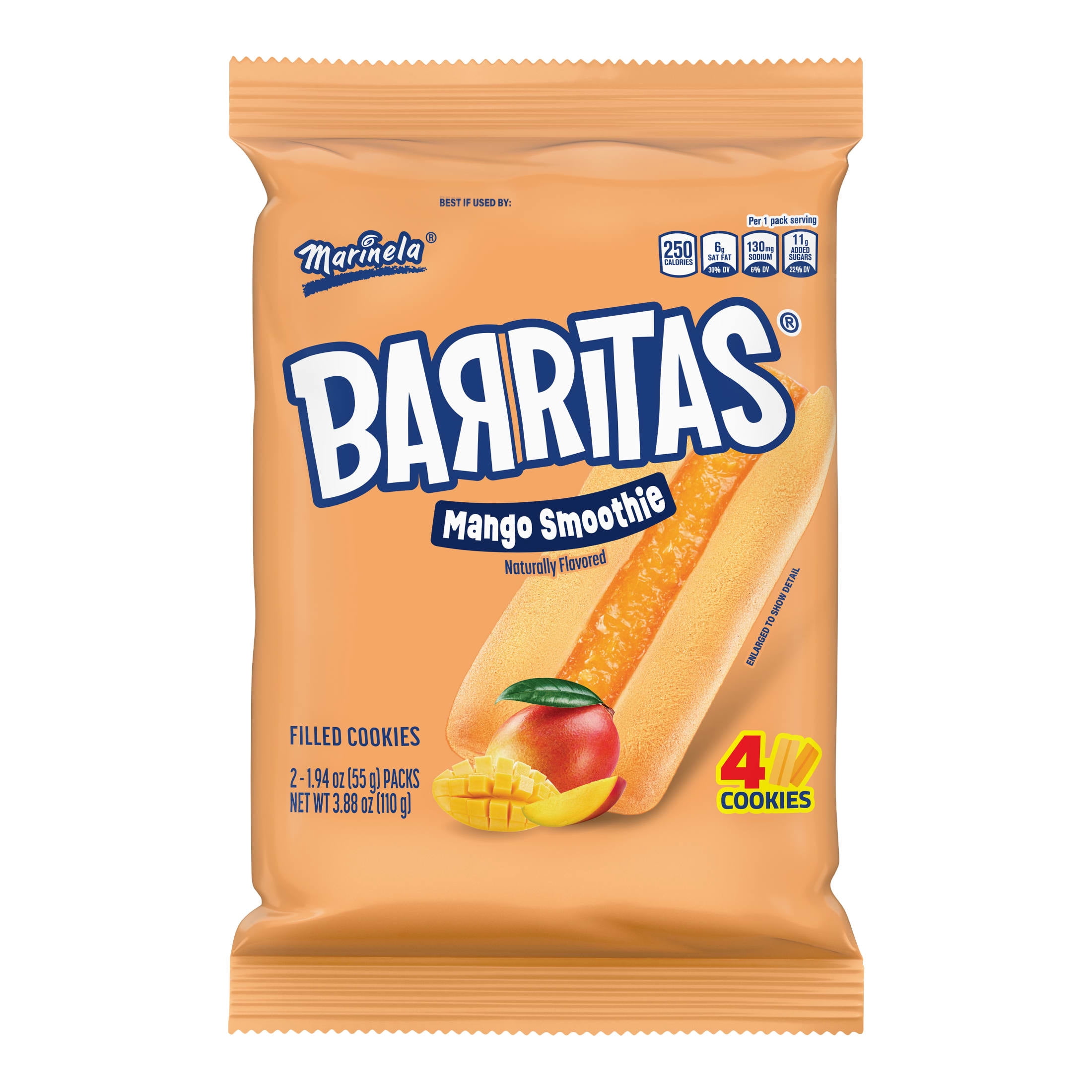 Marinela Barritas Mango Smoothie Filled Cookies, 4 count, Mango Cookie Bars, 3.88 oz Bag