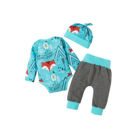 

Gupgi Infant Baby Boy 3Pcs Set Long Sleeve Printed Romper Top Pants Hat