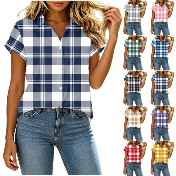 Ihhxva Tops for Women Plaid Button-Up Blouse Fit Button Detail Moisture-Wicking V-Neck Short Sleeve Shirt S-2XL