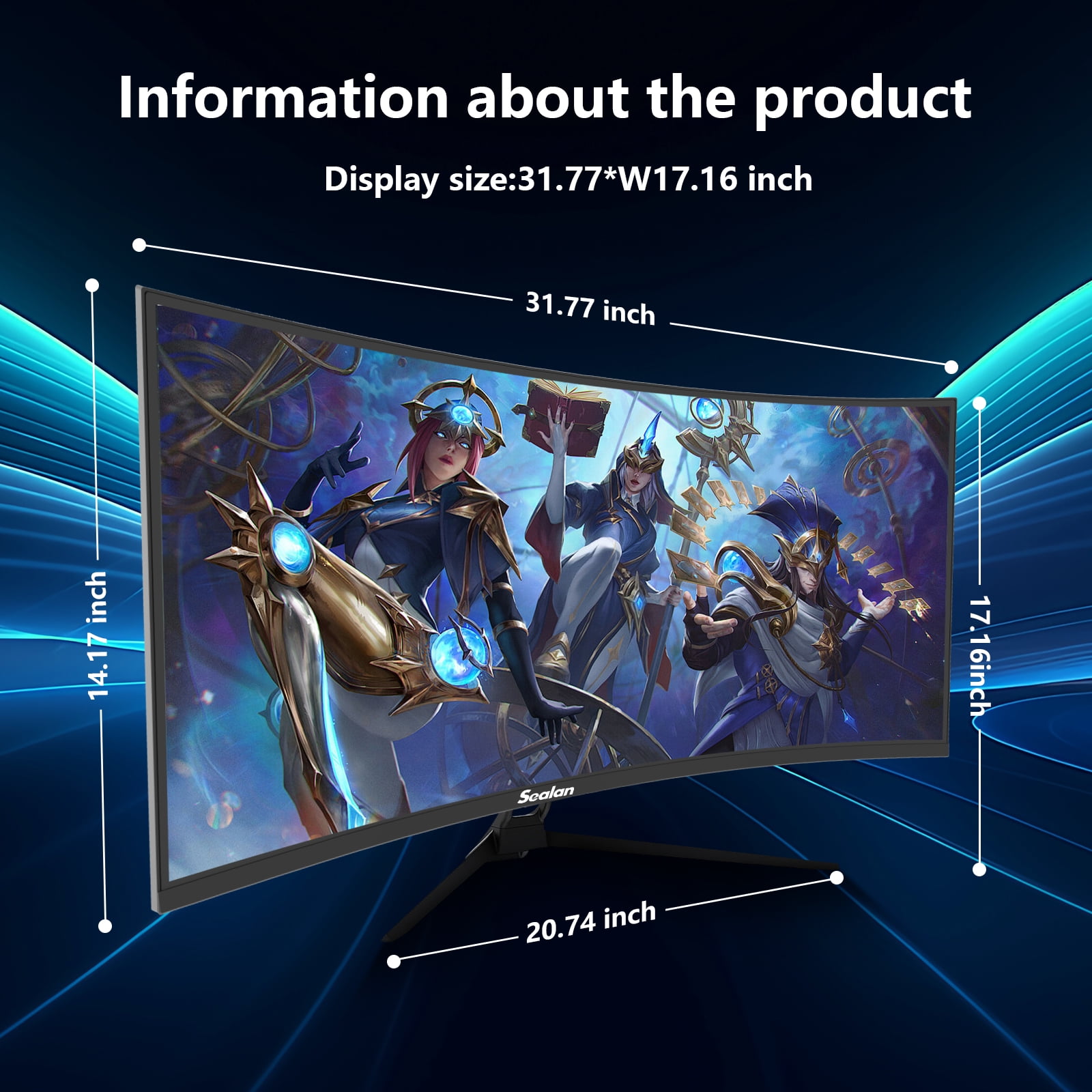 Sealan 34 inch Ultrawide Curved Computer Gaming Monitor 165Hz UWQHD 3440x1440,1500R -PIP,1ms (MPRT),HDR, 300nits, sRGB99%,FreeSync,HDMI2.0(TMDS) x2,DP1.4 x2,Eye Care,Support Wallmount 75x75mm