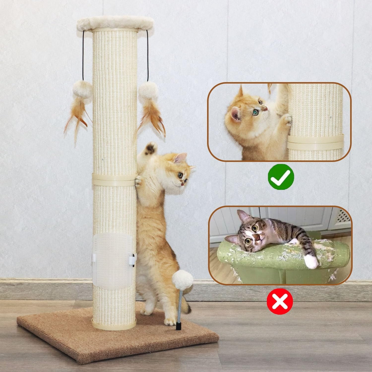 Cat Scratching Post,34" Tall Large Sisal Woven Scratch Posts for Cats,with Hanging Ball Toy and Self-Massage Brush,Vertical Scratcher,5 Inches Diameter,Beige