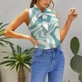 thumbnail image 5 of Teal White Abstract Wavy Pattern Blouses Women Bow Tops Elegant Sleeveless Office Work Shirt Casual Holiday Women's Tops, 5 of 6