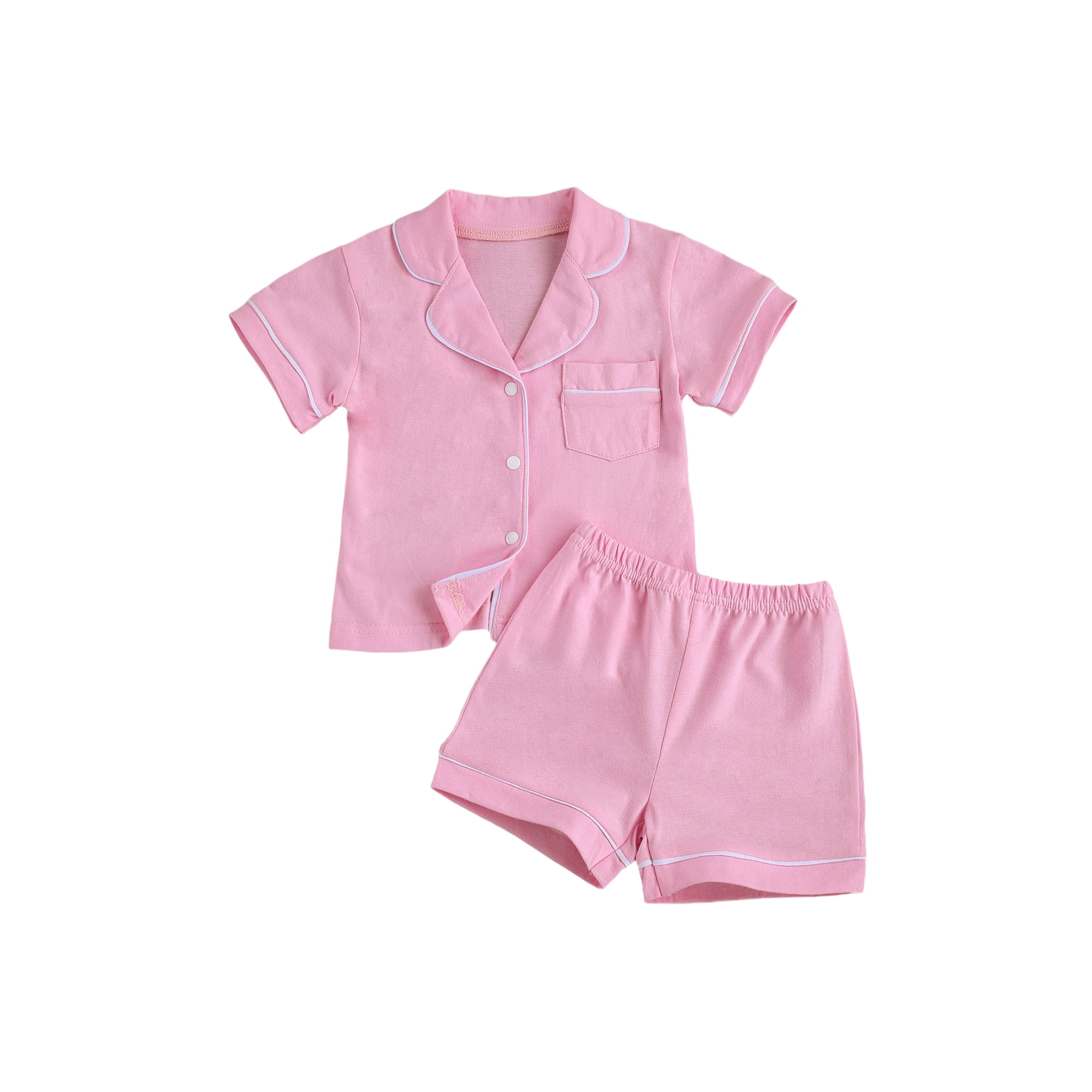 Xingqing Toddler Baby Girl Boy Summer Two Piece Pajamas Set Button Down Short Sleeve Shirt With Shorts Outfits Pink