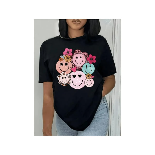Smiling Face Print Short Sleeve T-shirt, Casual Crew Neck Top For Spring & Summer, Women's Clothing