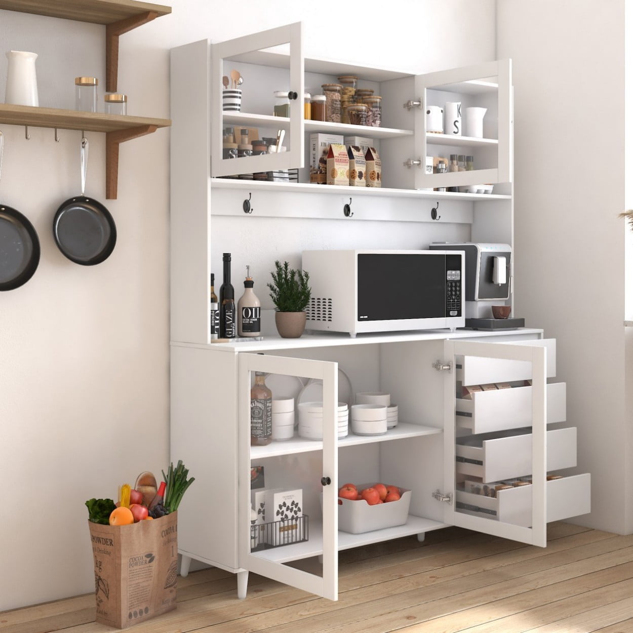63" Large Kitchen Hutch Cabinet, Freestanding Pantry Storage Cabinet with 4 Doors, 4 Drawers & Microwave Shelf, Kitchen Cupboard Organizer, White