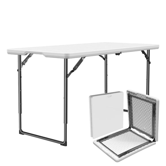 WASUHE Folding Table 4 FT Lightweight Table, Plastic Rectangular Indoor Outdoor Table Iron Legs Fold-in-Half, Easy to Store, Perfect for Party, Dining, Wedding, Events, White