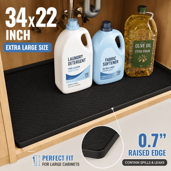 PLERISE Silicone Under Sink Mat 34x22 Inch, Waterproof Shelf Liner and Cabinet Protector for Kitchen Bathroom, Bathroom Tray
