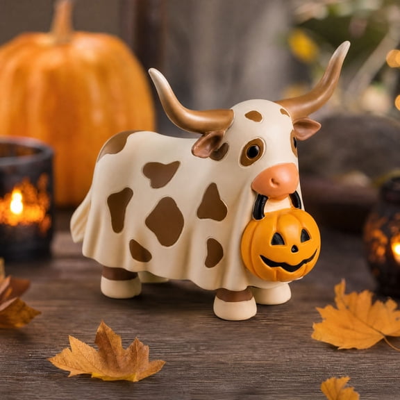 Clearance! Halloween Decorations, Ghost Highland Cow Resin Figurine Holding Pumpkin Bucket, Cute Spooky Tabletop Mantel Shelf Home Halloween Party Decor,3.9"