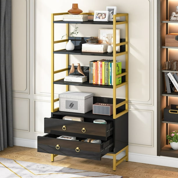Tribesigns 4Tier Black Gold Bookcase with 2 Drawers, 65” Tall Ladder Bookshelf Metal Wood Book