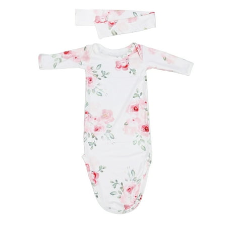 

Baby Sleeping Gown Comfortable Skin Friendly Soft Baby Knotted Nightgown With Head Band For Outings Pale Watercolor Flowers Rose Watercolor Flowers Blue Line Leaf