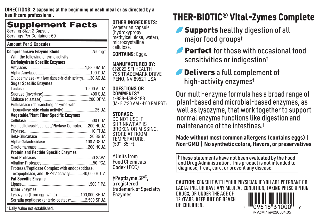 Klaire Labs SFI Health Multi Enzyme Supplements for Digestive Health - Ther-Biotic Vital-Zymes Complete - Digestive Enzymes to Help Ease Indigestion & Aid Nutrient Absorption (120 Capsules)