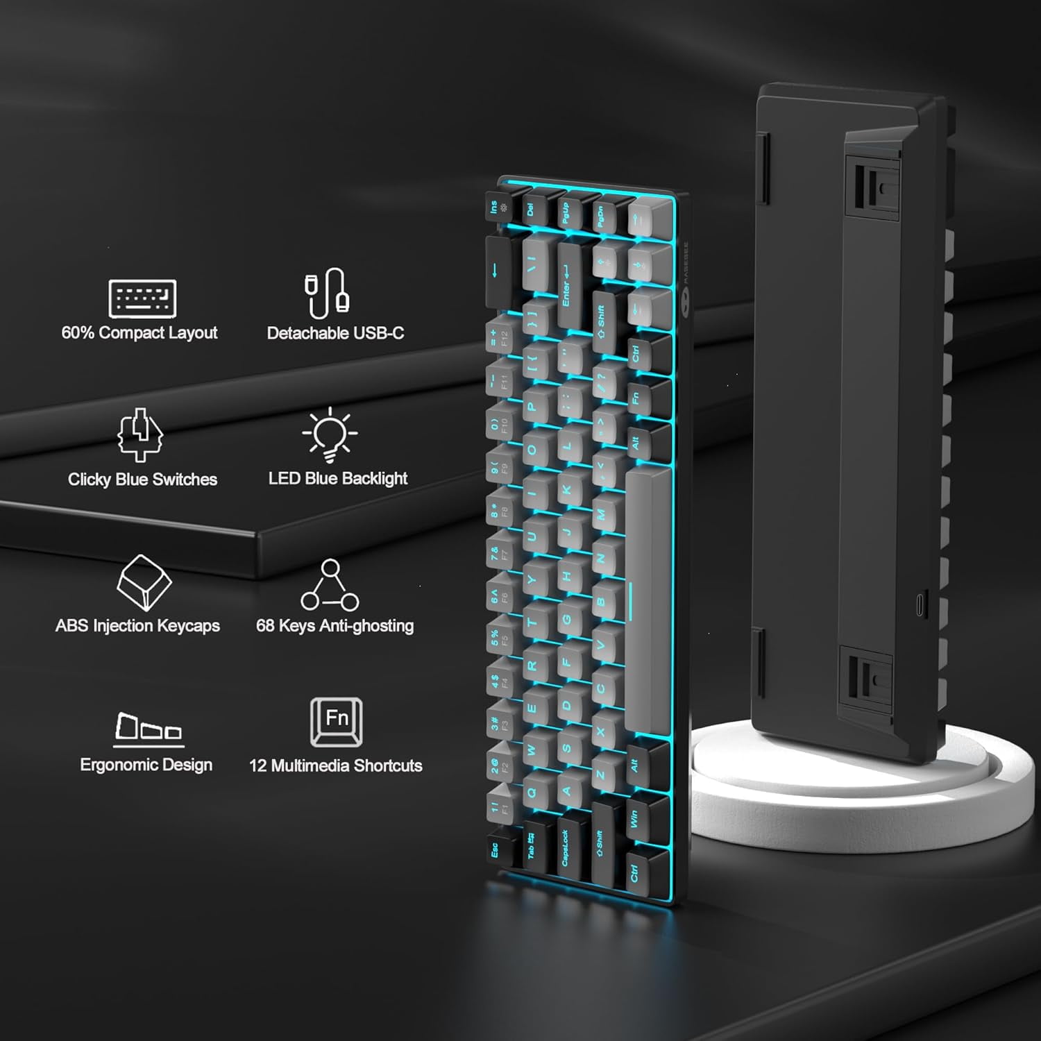 Portable 60% Mechanical Gaming Keyboard, MageGee MK-Box LED Backlit Compact 68 Keys TKL Wired Office Keyboard with Blue Switch for Windows Laptop PC Mac - Grey/Black