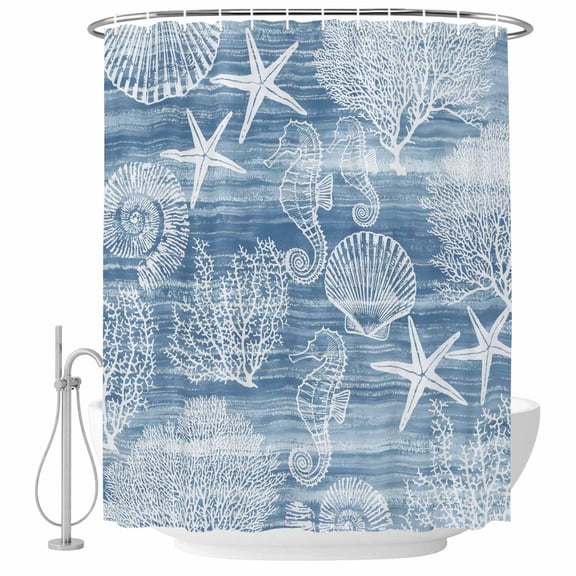 54x78 Inch Shower Curtain Decorative Blue Coastal Bathtub Bath Curtains Fabric Waterproof Bathroom Decor, Nautical Coral Starfish Shell Seahorse Ocean Small Stall Shower Curtain Set with 12 Hooks