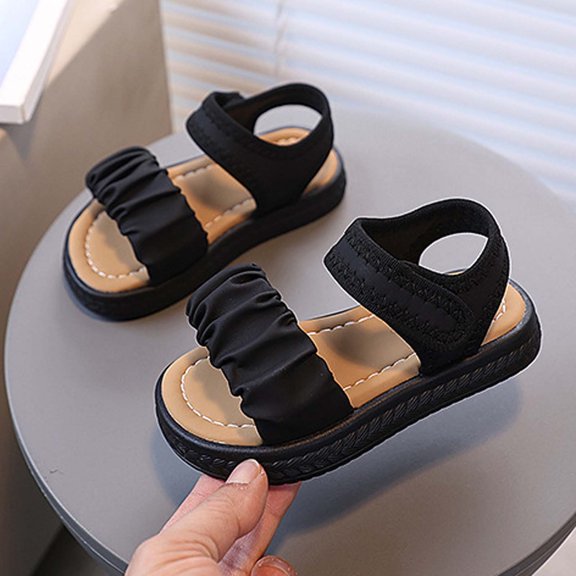 Girls Ruched Strap Open Toe Sandals Adjustable Hook And Loop Ankle Strap Comfortable Summer Shoes For Toddler And Kids Black Size 18-24 Months