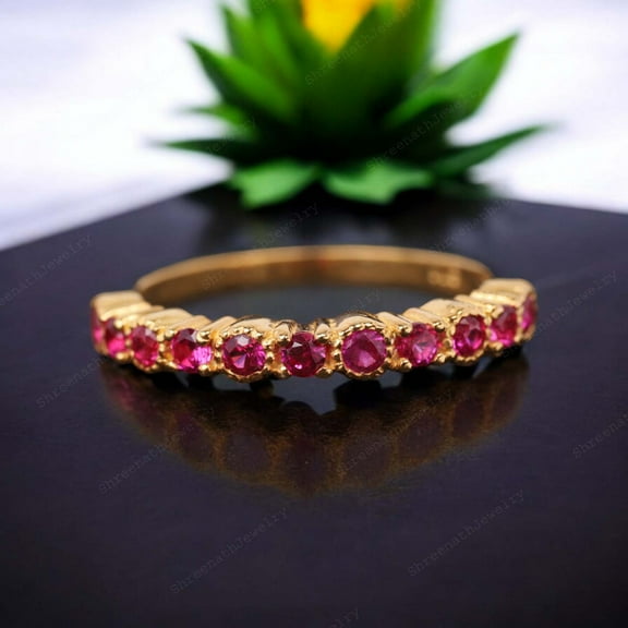 Vintage Ruby Wedding Band Stacking Statement Women Jewelry Matching Gift Band Pink Gemstone Band Half Eternity Bridal Band
