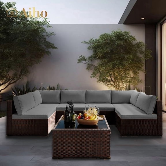 Aiho 7-Piece Rattan Patio Furniture Set , Outdoor Sectional Furniture Set with Tempered Glass Table for Patio, Garden, Backyard, Grey