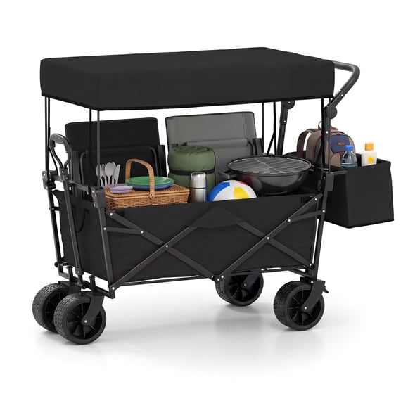 Gymax Collapsible Wagon w/Removable Canopy Adjustable Handles Detachable Storage Bag Black