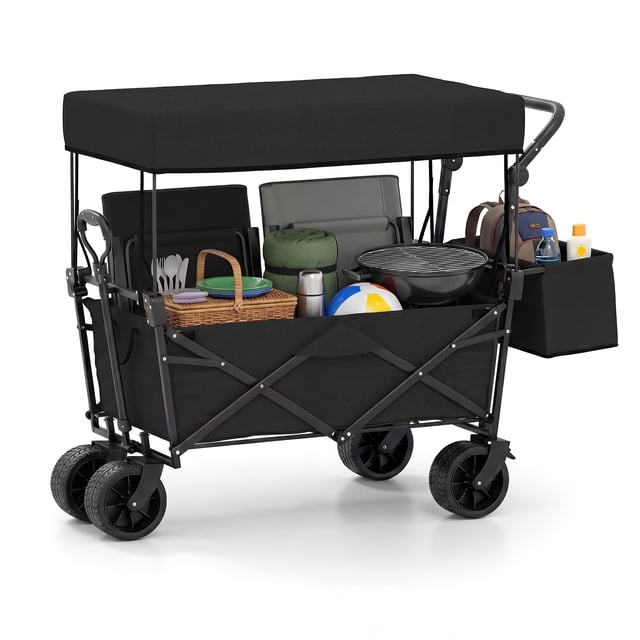 Gymax Collapsible Wagon w/Removable Canopy Adjustable Handles Detachable Storage Bag Black
