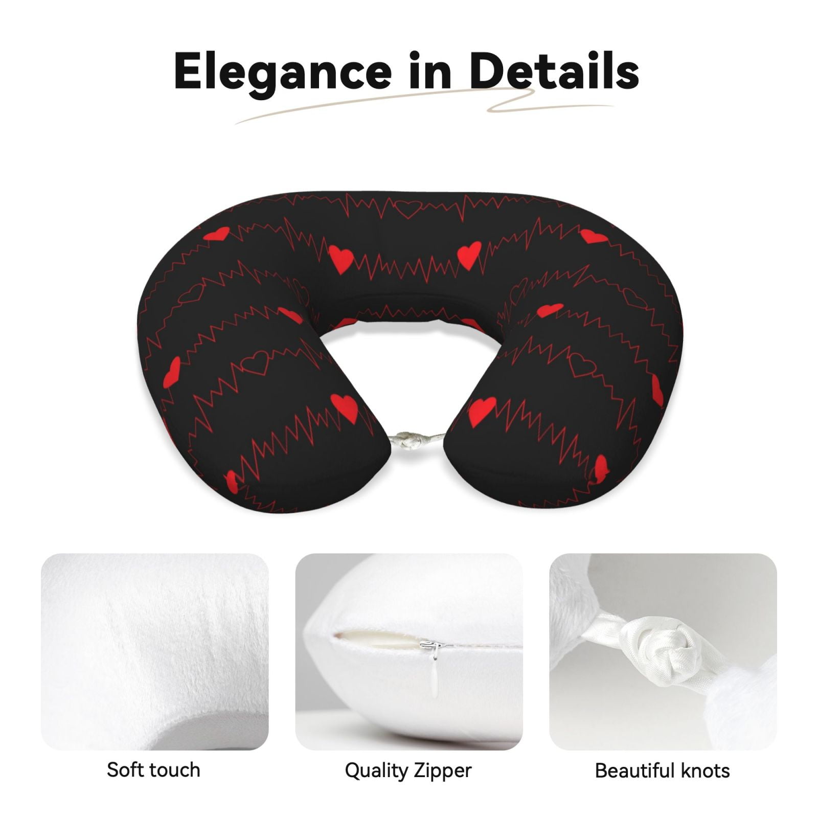 Xecao Cardiogram and Heart Print Memory Foam Cervical Neck Pillow Versatile U-Shaped Pillows for Home,Office,Camping,Travelling,Soft Washable Cover