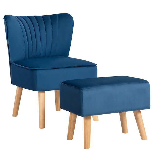 Costway Leisure Chair and Ottoman Thick Padded Velvet Tufted Sofa Set w/ Wood Legs Blue