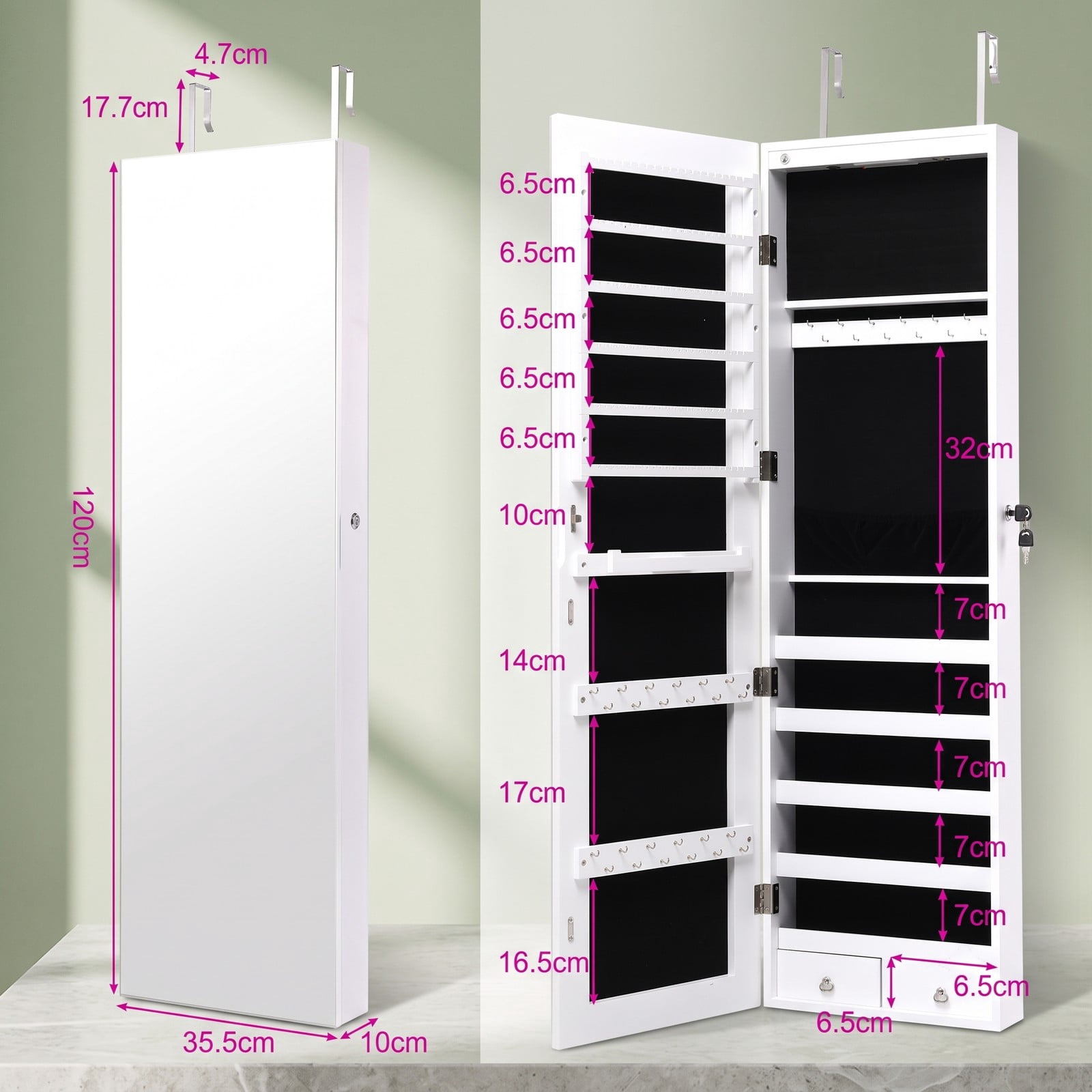 Furnibear Lockable Wall and Door Mounted Jewelry Cabinet with Full-Length Mirror and LED Lights for Bedroom Ring and Necklace Storage, White