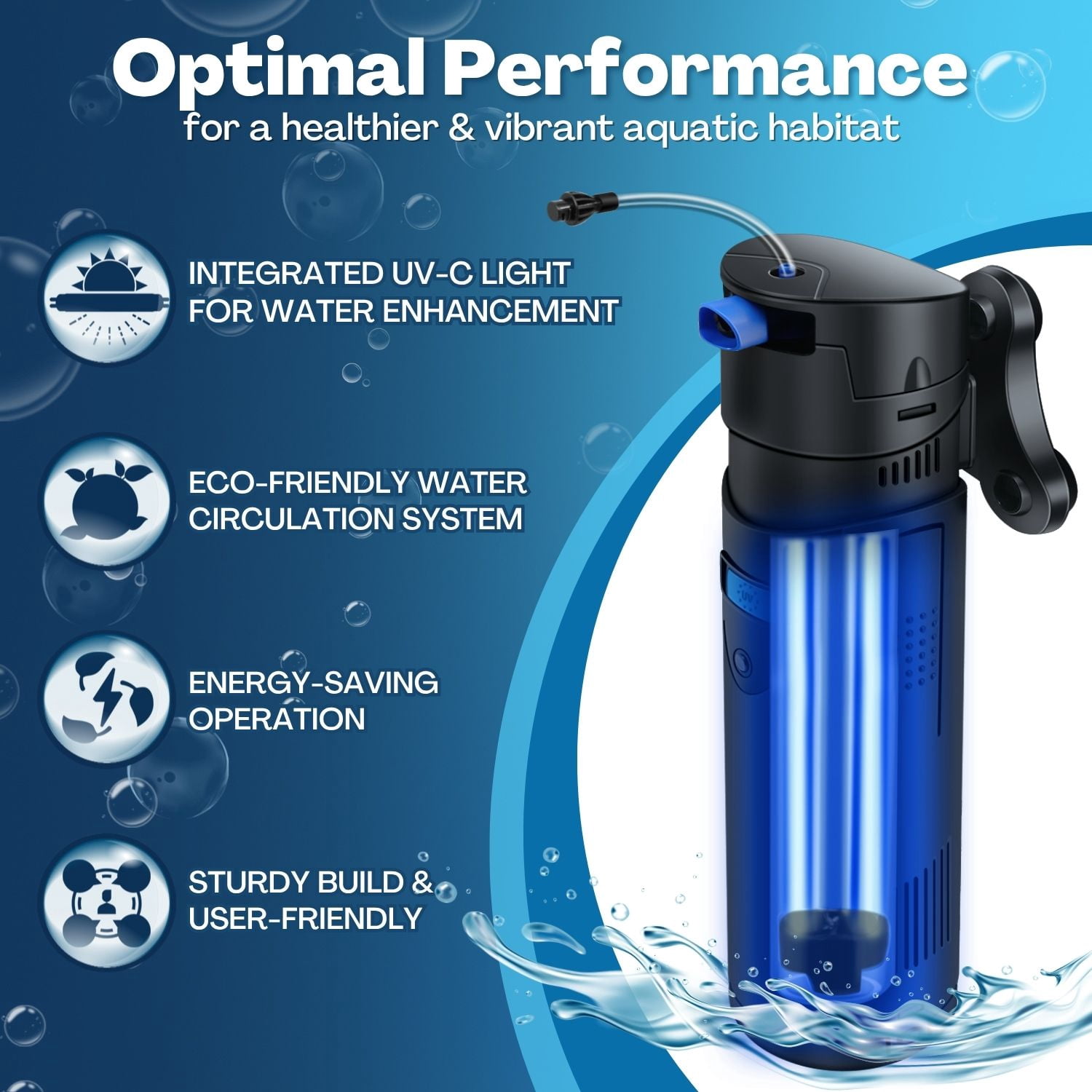 UV for Aquarium - 4-in-1 Aquarium Water Filter Pump & UV Light for Fish Tank, Fully Submersible with Quartz Bio-Balls, Suitable for Fresh & Saltwater UV Needs - Black