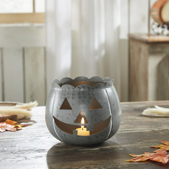 VHC Brands Jack-O-Lantern Candle Holder Antique Grey , Fall and Halloween Kitchen Dining Table Candle Holder, Pumpkin Decor Antique Grey, 6.25x7.5